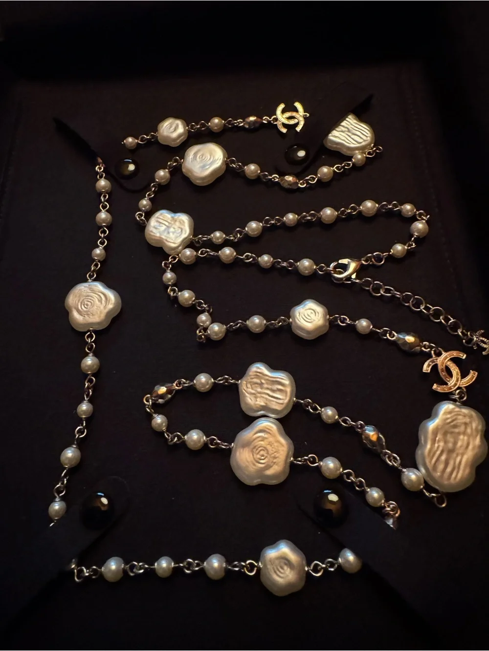2025 Pearl Crystal Camellia CC Long Necklace